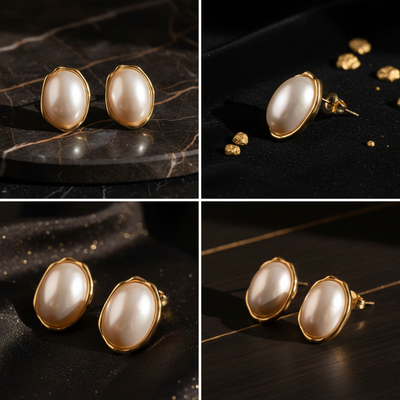 Four-panel product collage showing a pair of oval pearl stud earrings with gold-tone settings on a dark marble and black textured background.