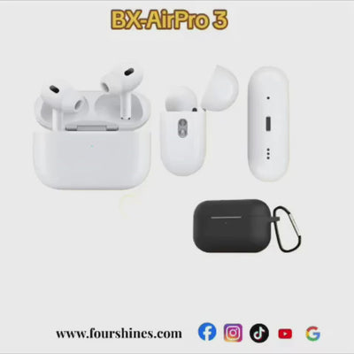 Black wireless earbuds with charging case on a white background
