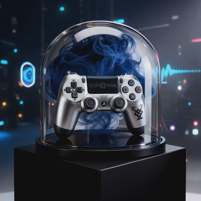 Silver gaming controller with 'God of War' branding on a white background