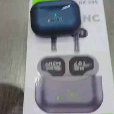 Black wireless earbuds with visible brand logo on a white background. BLUKS BX-590