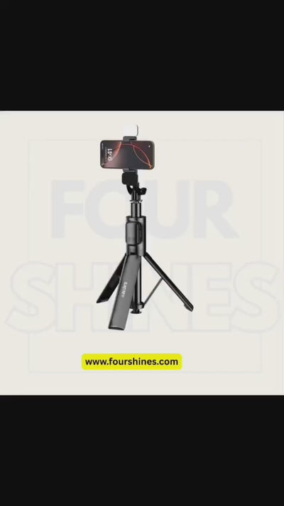 Black selfie stick with phone holder on a white background, featuring the brand 'Four Shines'.