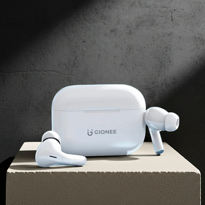 Gionee wireless earbuds with charging case on a dark background