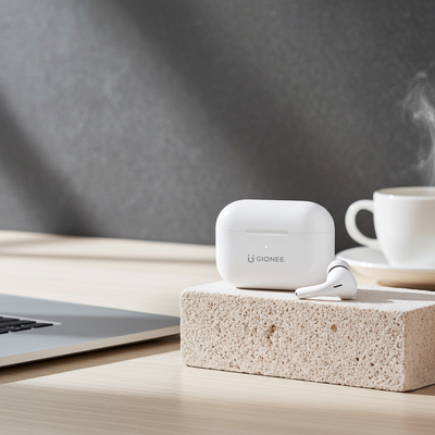 White wireless earbuds in a charging case on a wooden block with a laptop and coffee cup in the background.